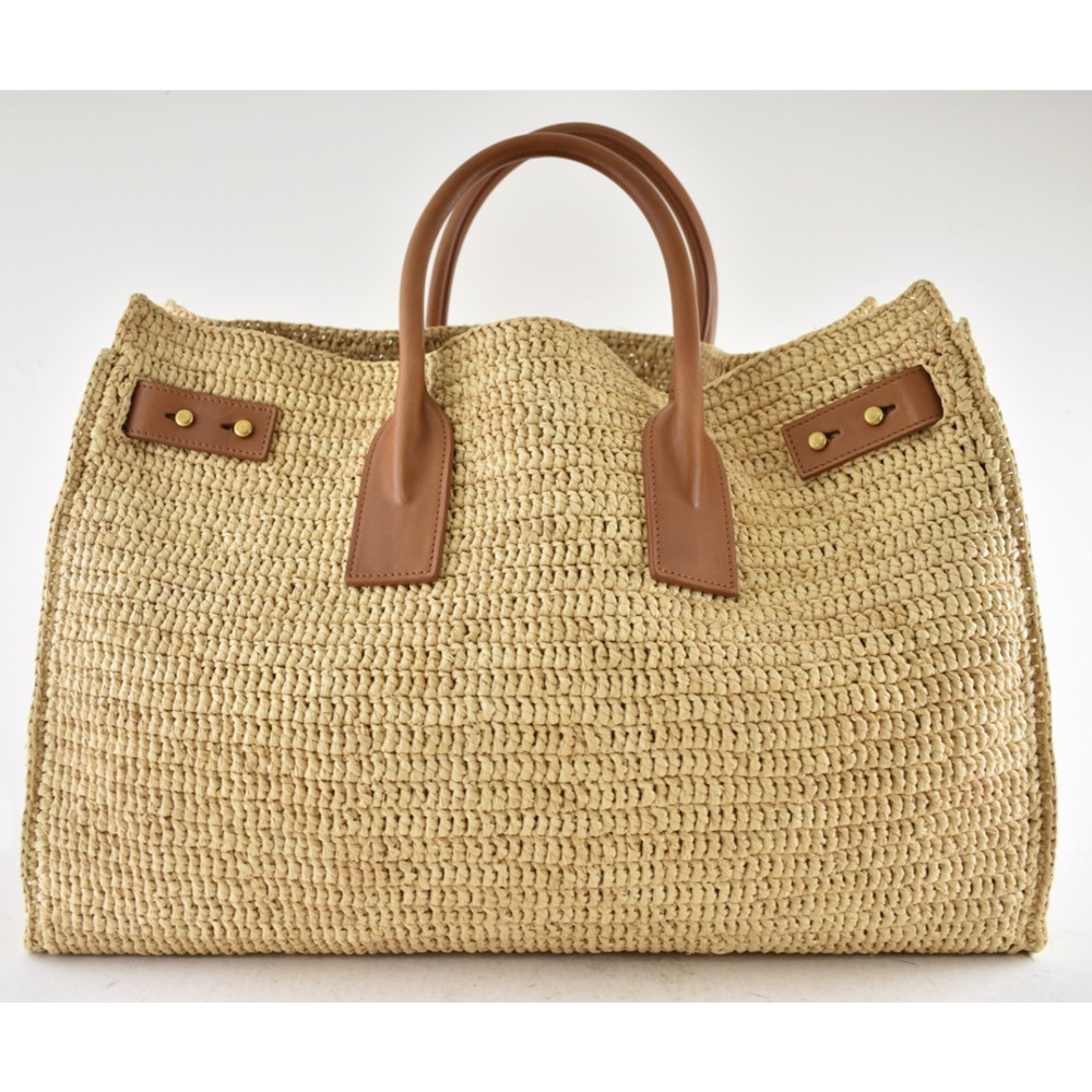 Saint Laurent Medium Sac De Jour Raffia Beige Brown Shoulder Top Handle Tote Bag - Picture 15 of 16